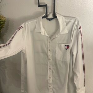 Tommy Hilfiger White Shirt with Heart Patch and Striped Sleeves